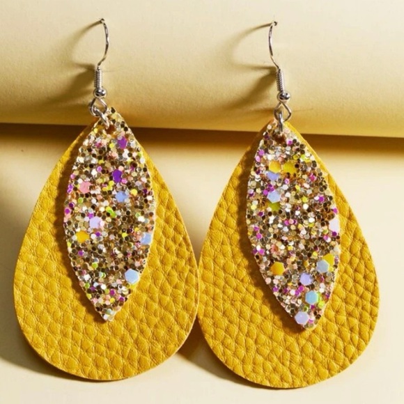 Yellow Faux leather multicolored sequin glitter layered water drop earrings - Picture 1 of 4